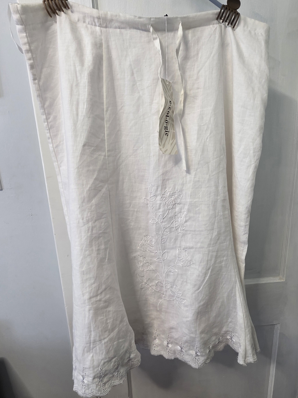 White Embroidered Linen Midi Skirt